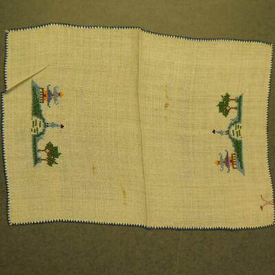 Front of furniture scarf.: Origsize: 9" (w) x 12.5" (l); Origformat: Artifact