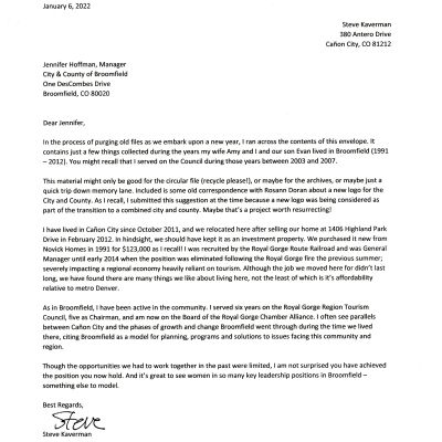 Letter to Jennifer Hoffman From Steve Kaverman