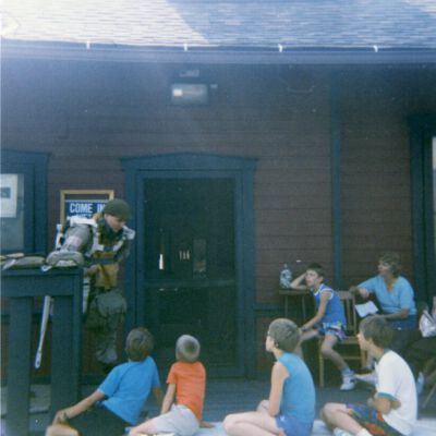 Rob Barnes giving a Summer event presentation, 1987: Origsize: 3.5" x 3.5"; Origformat: Print-Photographic; Resolution: 1500dpi