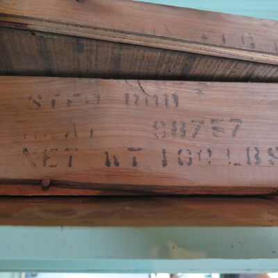 Close up of text on crate.: Origsize: 5.25" (h) x 40" (l); Origformat: Artifact