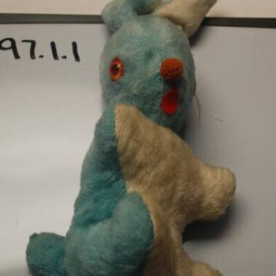 Blue stuffed rabbit from front: Origsize: 11.5"(h) x 4" (w) x; Origformat: Artifact