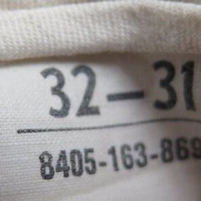 Size tag inside of pants: Origsize: 13" (w) x 40" (l) wh; Origformat: Artifact