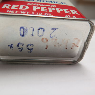 Bottom of red pepper tin: Origsize: 2" (h) x 2" (w) x 1"; Origformat: Artifact