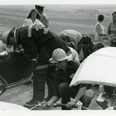 West Adams County firefighters working at a car accident, Highway 287