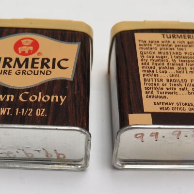 Front and back of tins in set of 2: Origsize: 2.5" (h) x 2.25" (w); Origformat: Artifact
