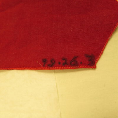 Close up of number on scarf.: Origsize: 29" (w) x 8" (l); Origformat: Artifact