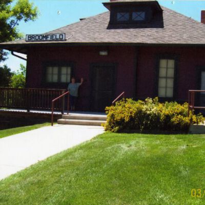 Peggy Atkinson in front of the Broomfield Depot Museum, 2007: Origsize: 4" x 6"; Origformat: Print-Photographic; Resolution: 850dpi
