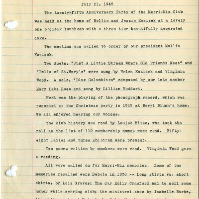 Sample page from Merri Mix Club notebook of history, 1948: Origsize: 8.5" x 11"; Origformat: Paper; Resolution: 300dpi