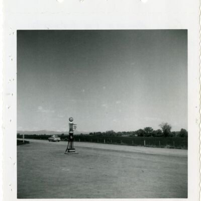 Gas pump in front of Bleekers Truck Stop Cafe, 1955: Origsize: 3.5" x 4"; Origformat: Print-Photographic; Resolution: 1200dpi