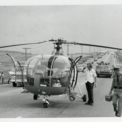 "Flight for Life" helicopter at an accident near Broomfield, circa 1976: Origsize: 5" x 7"; Origformat: Print-Photographic; Resolution: 725dpi
