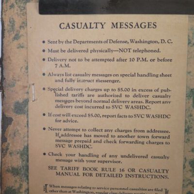 Instructions for "Casualty Messages" on clipboard.: Origsize: 8" (w) x 13" (l) x 2; Origformat: Artifact