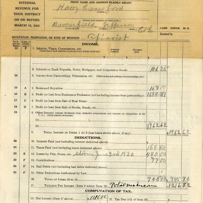 Harry Crawford Income Tax Return for 1921 with envelope
