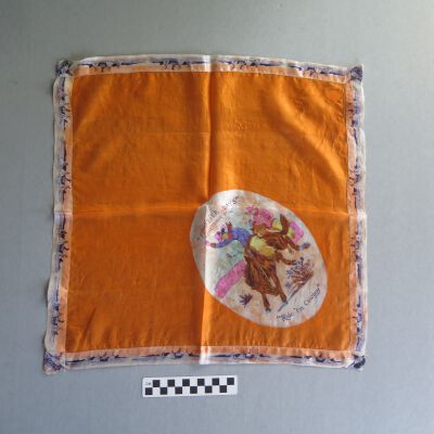 Front of scarf: Origsize: 8" (w) x 10" (l); Origformat: Artifact