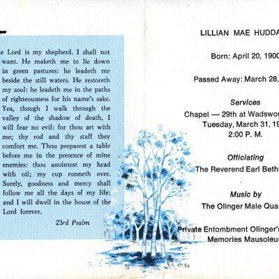 Funeral program for Lillan Mae Huddart