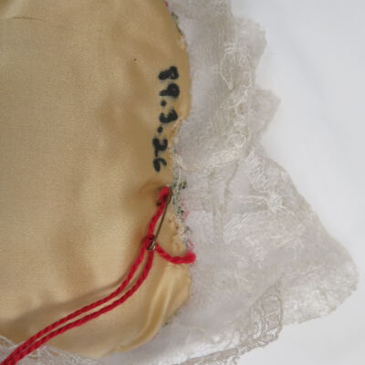 Number on pincushion.: Origsize: 1" (h) x 8" (w) x 8"; Origformat: Artifact