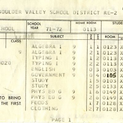 Class Schedule - Kathy Chestnut 1971-72 Broomfield Junior High
