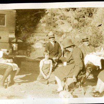 Hillen and Hicks families having a picnic at Moffat Tunnel, circa 1928: Origsize: 3 1/2" x 5 3/4"; Origformat: Print-Photographic; Resolution: 300dpi