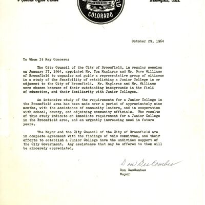 1964 letter from Mayor Don DesCombes