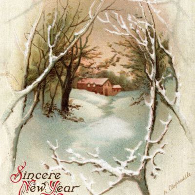 "Sincere New Year Wishes" postcard, front, 1914: Origsize: 3.5" x 5.5"; Origformat: Postcard; Resolution: 925dpi