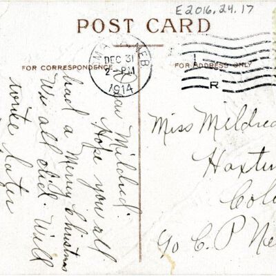 "Sincere New Year Wishes" postcard, back, 1914: Origsize: 3.5" x 5.5"; Origformat: Postcard; Resolution: 925dpi