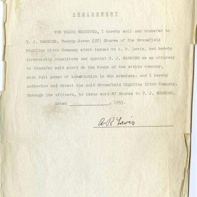 Broomfield Reservoir and Ditch Company stock transfer records