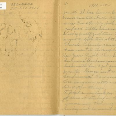 -Scanned as 300dpi jpeg by Tom Peyton as an access copy, 08/11/2015.  Cropped around edges by Tom Peyton, 8/16/2015 and named "inside cover - page 1 300 dpi c"
-File renamed and uploaded to PastPerfect by Kevin Smith,08/03/2016
