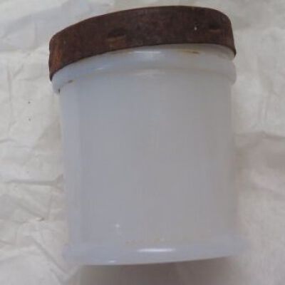 Side of jar with metal lid: Origsize: 2.5" (h) x 2.5" (dia; Origformat: Artifact