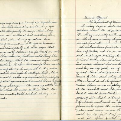 Inside of Ella Mitze's english composition notebook, pages 10-11.: Origsize: 8" x 10"; Origformat: Book; Resolution: 300dpi