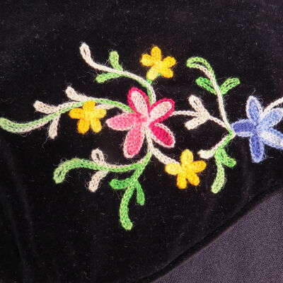 Dress, Black Crepe and Velvet dress, Colorful Embroidery