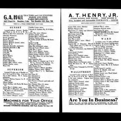 Boulder County directory pages listing Robert H. Hillen, 1918: Origformat: Paper; Resolution: 96dpi