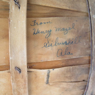 Close up of text on basket.: Origsize: 9.5" (h) x 13.75" (d; Origformat: Artifact