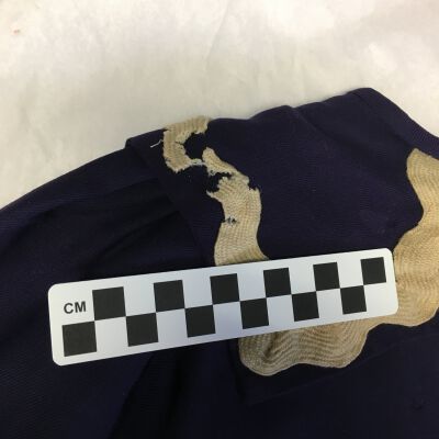 Close up of rickrack on front colar with sample of pest damage.
