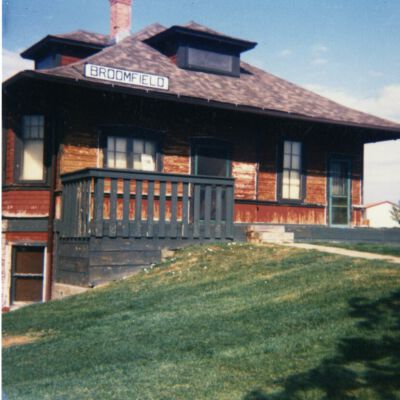 Front of Broomfield Depot Museum during painting, 1987: Origsize: 3.5" x 3.5"; Origformat: Print-Photographic; Resolution: 1500dpi