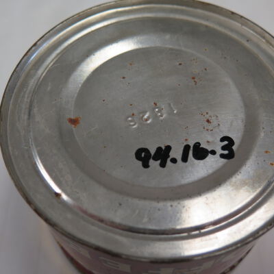 Bottom of coffee can.: Origsize: 3" (h) x 4" (dia); Origformat: Artifact