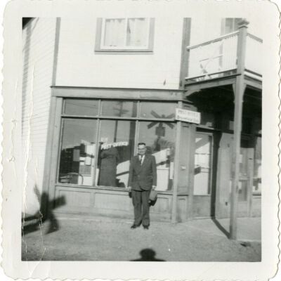 Postmaster Miles Crawford in front of Jones Hall, 1945: Origsize: 3.5" x 3.5"; Origformat: Print-Photographic; Resolution: 1400dpi
