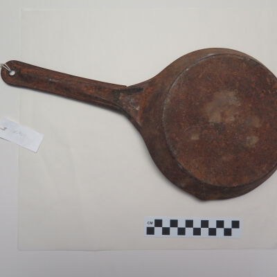 Back of frying pan.: Origsize: 3" (w) x 12.5" (l) x; Origformat: Artifact