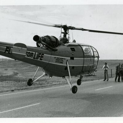St. Anthony's Hospital "Flight for Life" helicopter taking off, circa 1976: Origsize: 5" x 7"; Origformat: Print-Photographic; Resolution: 725dpi