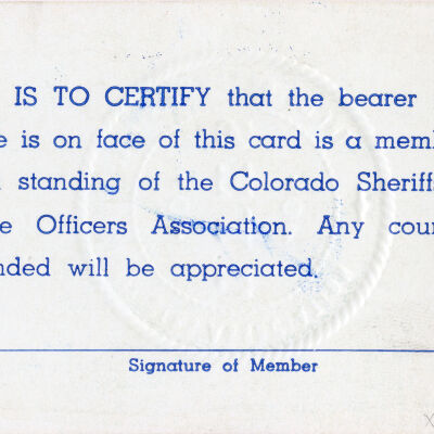 Milton Mulligan's Colorado Sheriffs' and Peace Officers' Association Membership Card, 1964