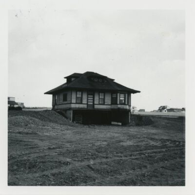 Broomfield train depot on its new foundation under construction, 1976: Origsize: 3.5" x 3.5"; Origformat: Print-Photographic; Resolution: 1500dpi
