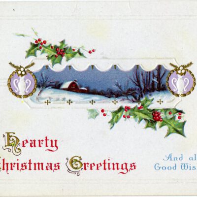 "Hearty Christmas Greetings" postcard, front, 1914: Origsize: 3.5" x 5.5"; Origformat: Postcard; Resolution: 925dpi