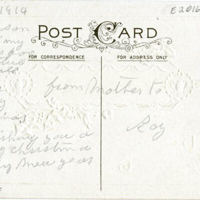 "Hearty Christmas Greetings" postcard, front, 1914: Origsize: 3.5" x 5.5"; Origformat: Postcard; Resolution: 925dpi
