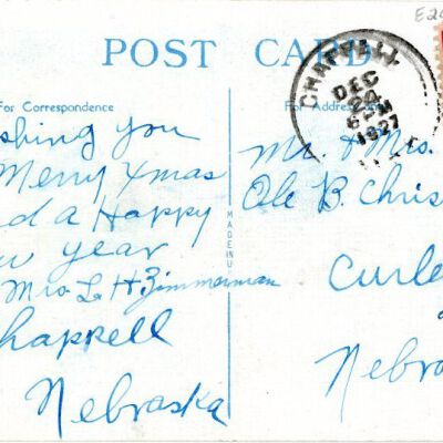 "A Joyful Christmas" postcard, back, 1927: Origsize: 3.5" x 5.5"; Origformat: Postcard; Resolution: 925dpi