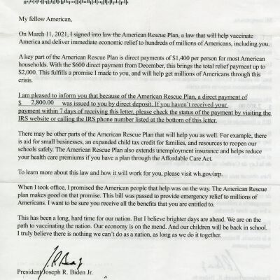 COVID-19 Stimulus Payent Letter from Joe Biden, April 22, 2021