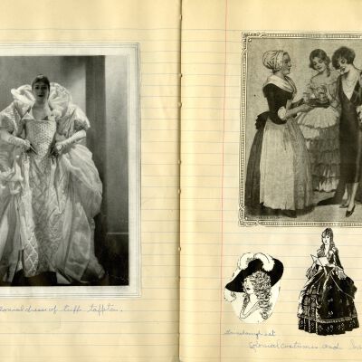 Inside of Ella Mitze's costume design notebook, pages 64-65.: Origsize: 7.5" x 9.5"; Origformat: Book; Resolution: 300dpi