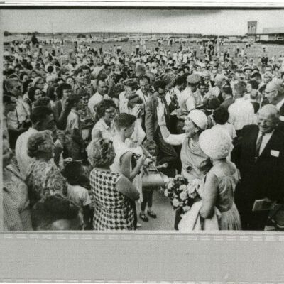 Mamie Eisenhower addressing crowds at library dedication, 1963: Origsize: 4.25" x 5.5"; Origformat: Print-Photographic; Resolution: 900dpi