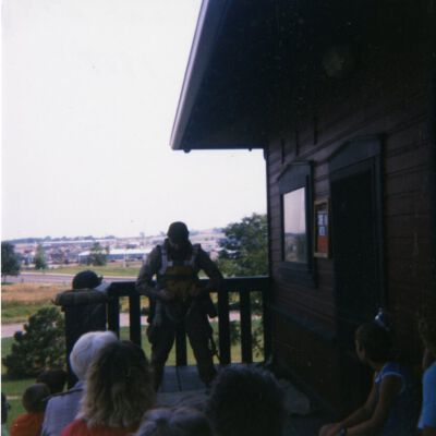 Rob Barnes giving a presentation for a Summer event, 1987: Origsize: 3.5" x 3.5"; Origformat: Print-Photographic; Resolution: 1500dpi