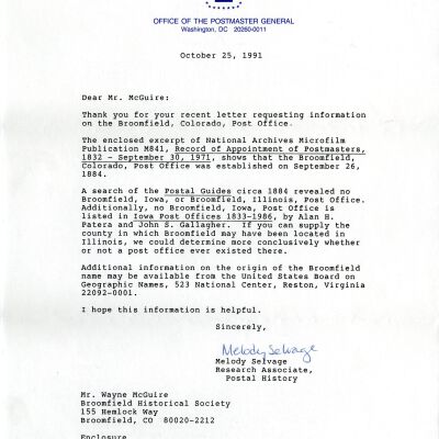 Research on the Naming of Broomfield by the Broomfield Historical Society