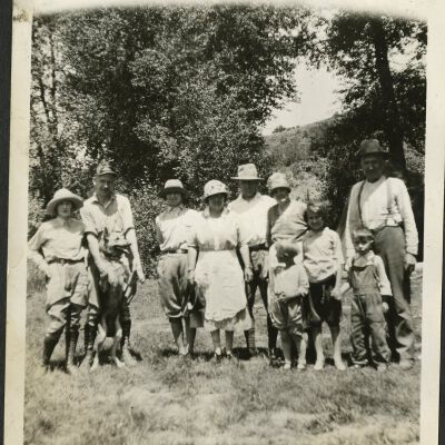 Hillen and Hicks families posing in a field, circa 1928: Origsize: 3 1/2" x 5 3/4"; Origformat: Print-Photographic; Resolution: 300dpi