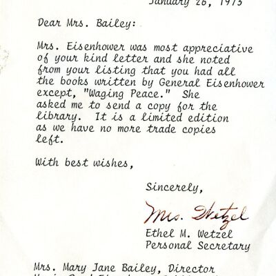 Letter to Mary Jane Bailey from Ethel M. Wetzel, secretary to Mamie Doud Eisenhower