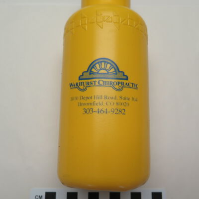 Close up of text on water bottle.: Origsize: 8" (h) x 2.5" (dia); Origformat: Artifact